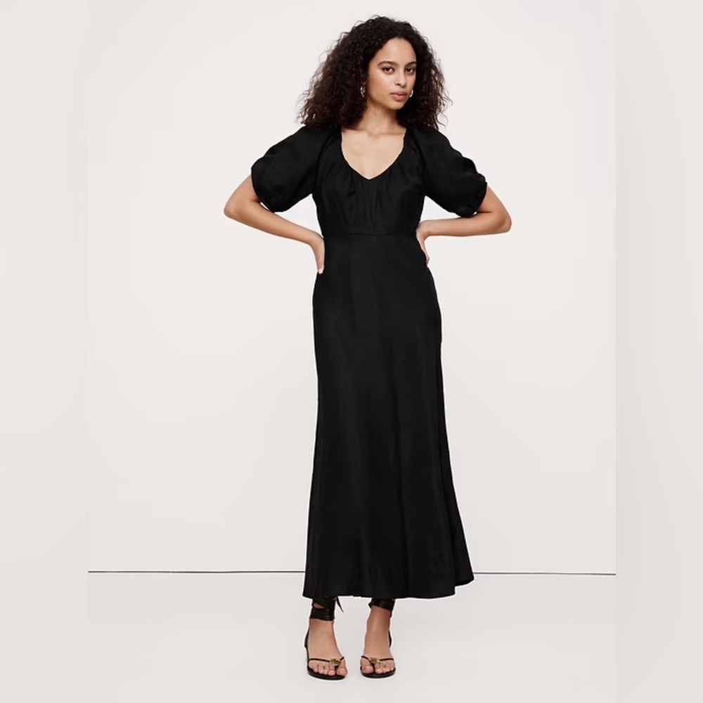 BANANA REPUBLIC VISCOSE-LINEN RUCHED LONG MIDI DRESS